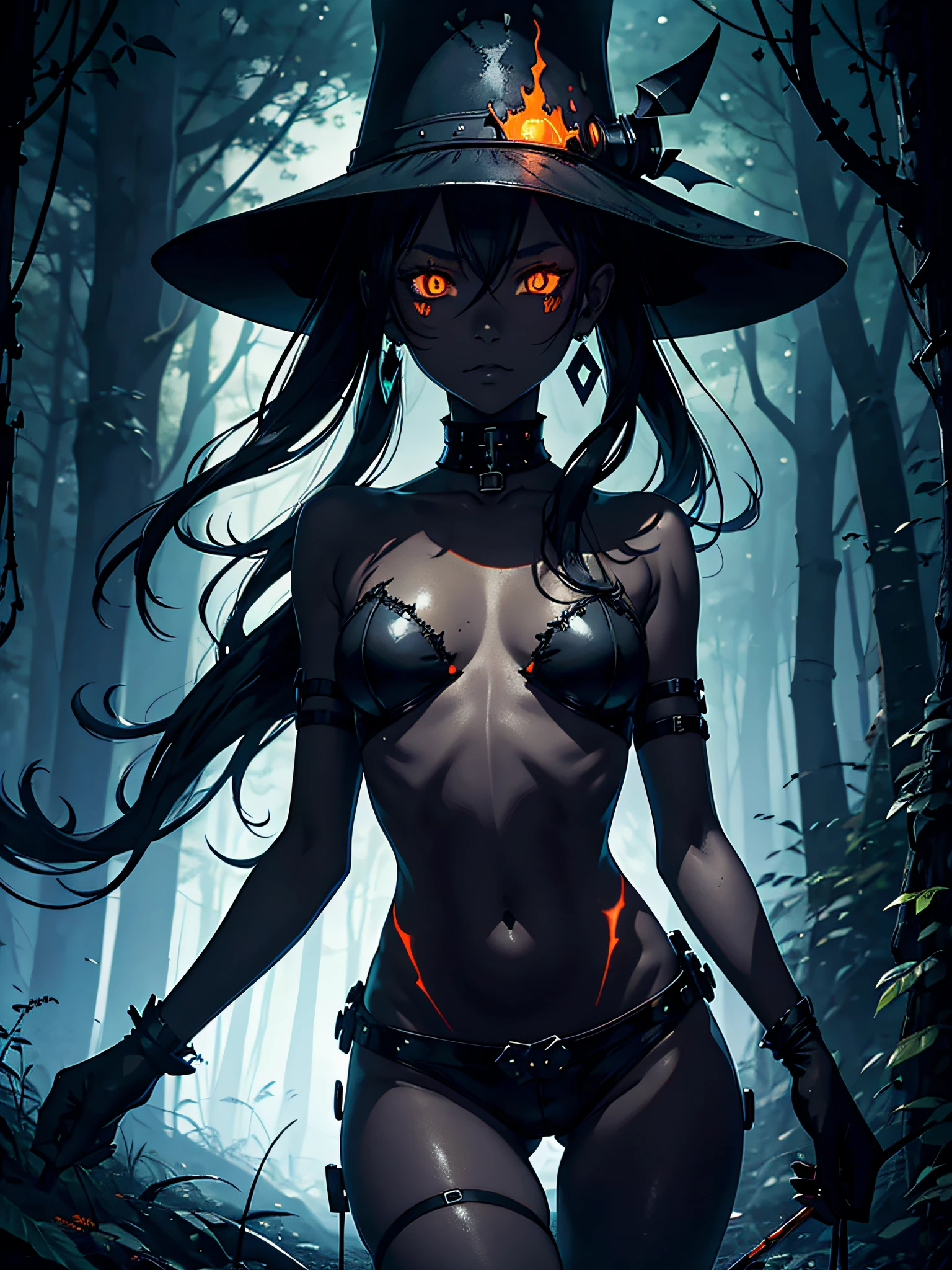 hopeless art, demon girl, ((black ash skin)), closed gothic helmet, hands together, orange glowing eyes, bowler hat, dark green blue glowing earrings, open belly, iron forest