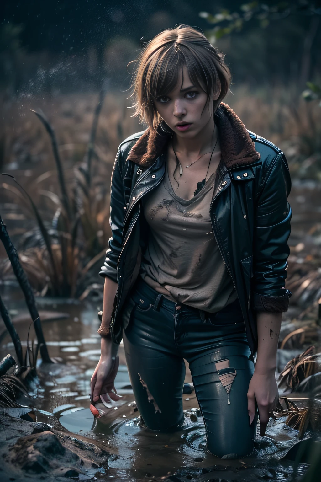 (Best Quality,hight resolution,Masterpiece, Overhead view:1.20),Ultra-detailed,The woman,Wide flares on jeans,sickly,drowning in a swamp,standingn:1.2, fetish, Posing, overcomes shame:1.3, (at the bottom of a mud pit:1.3),fetish ecstasy:1.2,dark gloomy atmosphere,gritty texture,melancholic expression on his face,mysterious aura,foggy background,Subtle color palette,provocative pose,Strong emotions,Coming Out of the Depths of Despair,Piercing gaze,intense shadows,Plunged in Darkness,Rugged terrain,ominous vibe,A supernatural sensation,asymmetrical bangs, freckles, pink short hair, Bangs, freckles, gray eyes,
