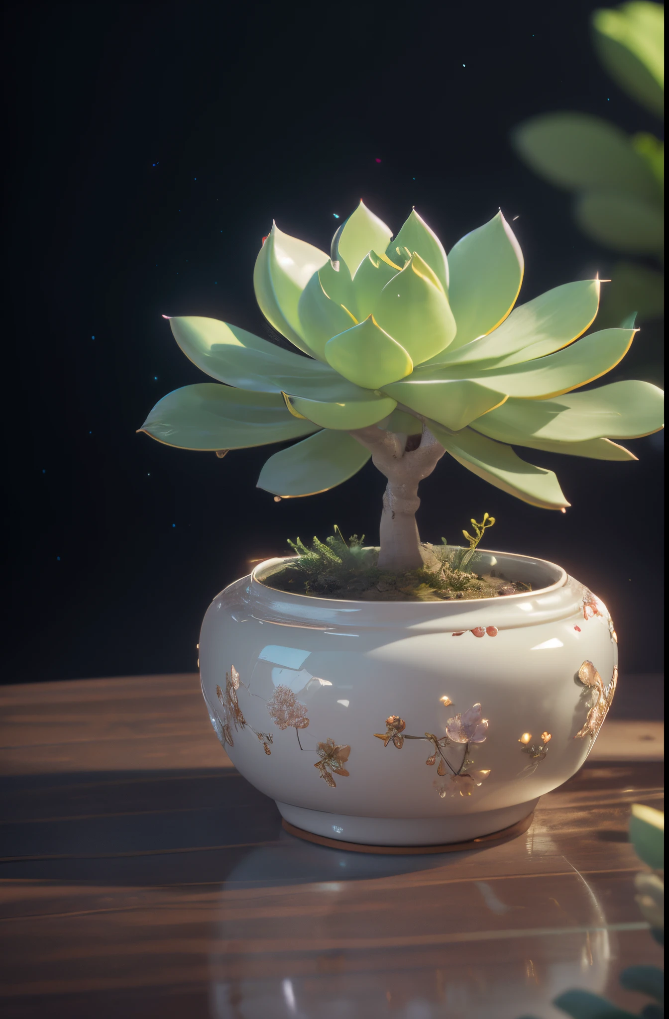 There is a small plant sitting in a white flower pot, glazed ceramic, Cute decapods, Bonsai tree, Made from bonsai, miniature porcelain model, ceramic pot, made of glowing wax and ceramic, Unique pots designed for indoor plants, organic ceramic white, bright white porcelain, jade scales, Bonsai tree, Porcelain sculpture, saucepan， translucent crystal succulents, made of glowing wax and ceramic,There is light in the background, Succulents，Glossy digital painting, surreal waiizi flowers, 3D octane rendering, 3D octane rendering, red shift render, 4D cinema rendering, Render in Cinema4D, beautiful metalwork, gorgeous 3d render, soft 3d render，（（metalictexture，bronze，Metallic paint texture，enamel））(Best quality,4K,8K,A high resolution,tmasterpiece:1.2), (actual,realistically,realisticlying:1.37).