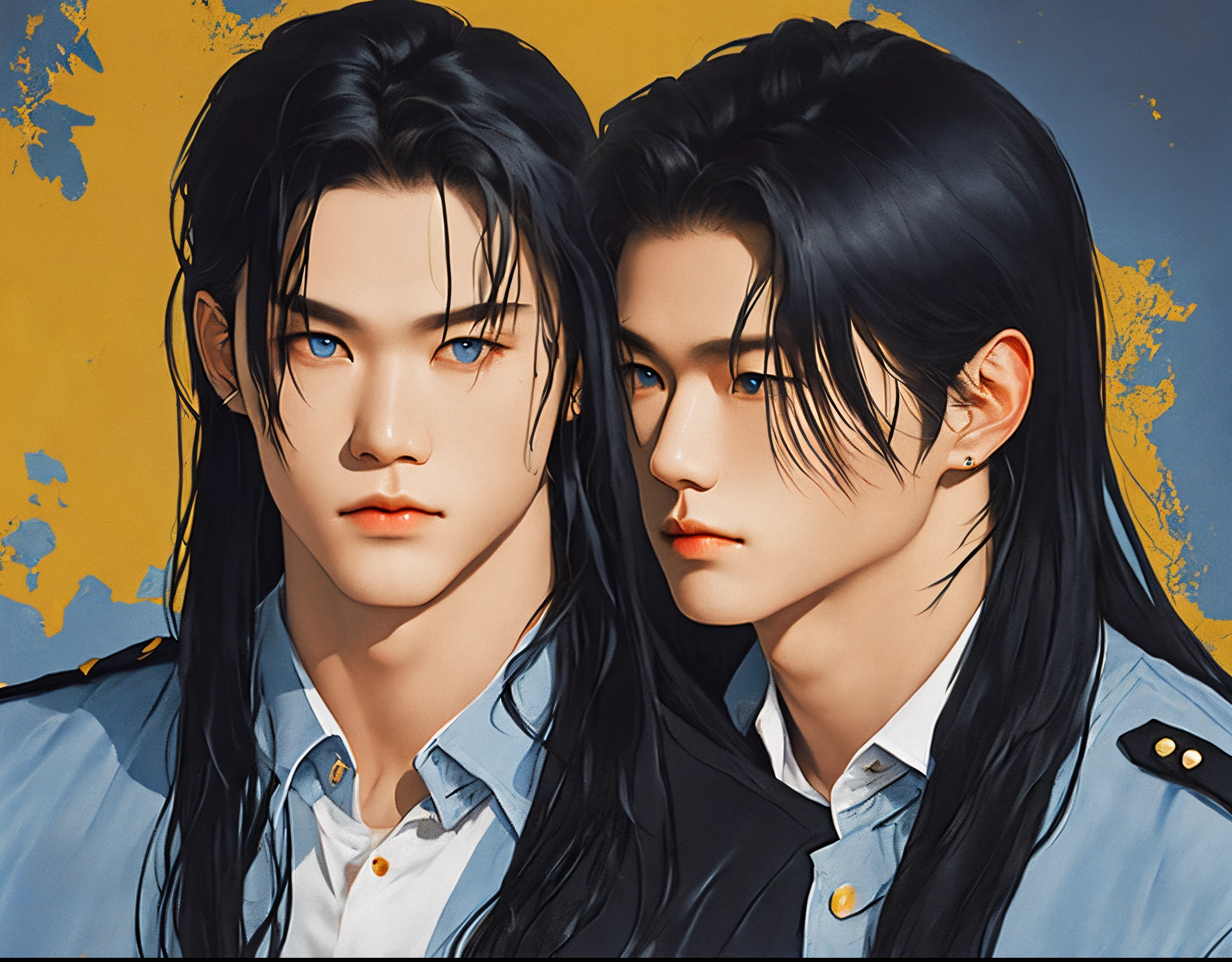 A detective and his male partner. 
The detective is a blond, tall and strong man with blue eyes and American features. 
The male partner has a long black hair and black eyes and Asian features