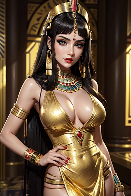 A portrait of a drop dead gorgeous Cleopatra, with intricate and detailed golden headdress adorning her bald head, dressed in a shimmering royal Egyptian gown, revealing her fit and slim waist, hourglass figure, and seductive curve, capturing her captivating and alluring gaze, with heavily lined and intense eye makeup, accentuating her elegance and power. HDR, dramatic lighting, with a cinematic shot, vivid colors, reminiscent of ancient Egyptian art, an ultra-realistic masterpiece. (events:1.1), antique, ancient Egypt, luxurious, royal, royalty, regal, powerful, Cleopatra, queens, majestic, historic, full body shot, giga_busty