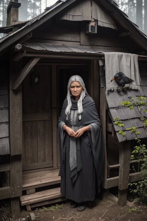 (Best Quality),Portrait, An old woman, Slavic, (witch with gray hair), shawl on shoulders, I&#39;I&#39;I&#39;m standing at the open door of the house, black crows sit on the roof and around the hut, compact, creepy ambiance, soft-lighting, spruce forest around the house and next to the house, several crows