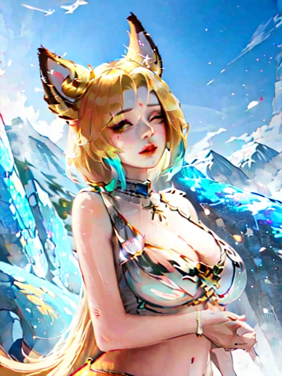 ((best quality)), ((masterpiece)), ((realistic)), beautiful woman hiking, nsfw, (()), gorgeous mountain scenery, bright day, stunningly beautiful, ((blond and blue hair ombre)), style:comic 90s, (()), ((voluptuous)), apple butt, apple boobs, lactation, milfication, mature female, sharp eyes, cinematic, hard hip, real furry:fox woman, buxom, stocky, (), (), hair over eyes, hair over one eye, (), monster girl, Zoroark's hair, Anivia's crystals and fox ears. Incorporate characteristics, genuine facial expressions,