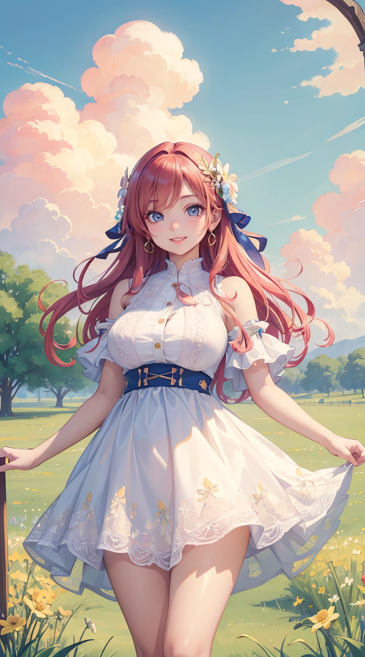 (masterpiece, best quality, ultra-detailed, 8k wallpaper), 1 girl, curvaceous but slender body, colorful spring outfit with intricate details, colorful hair, outdoor, meadows, cloud