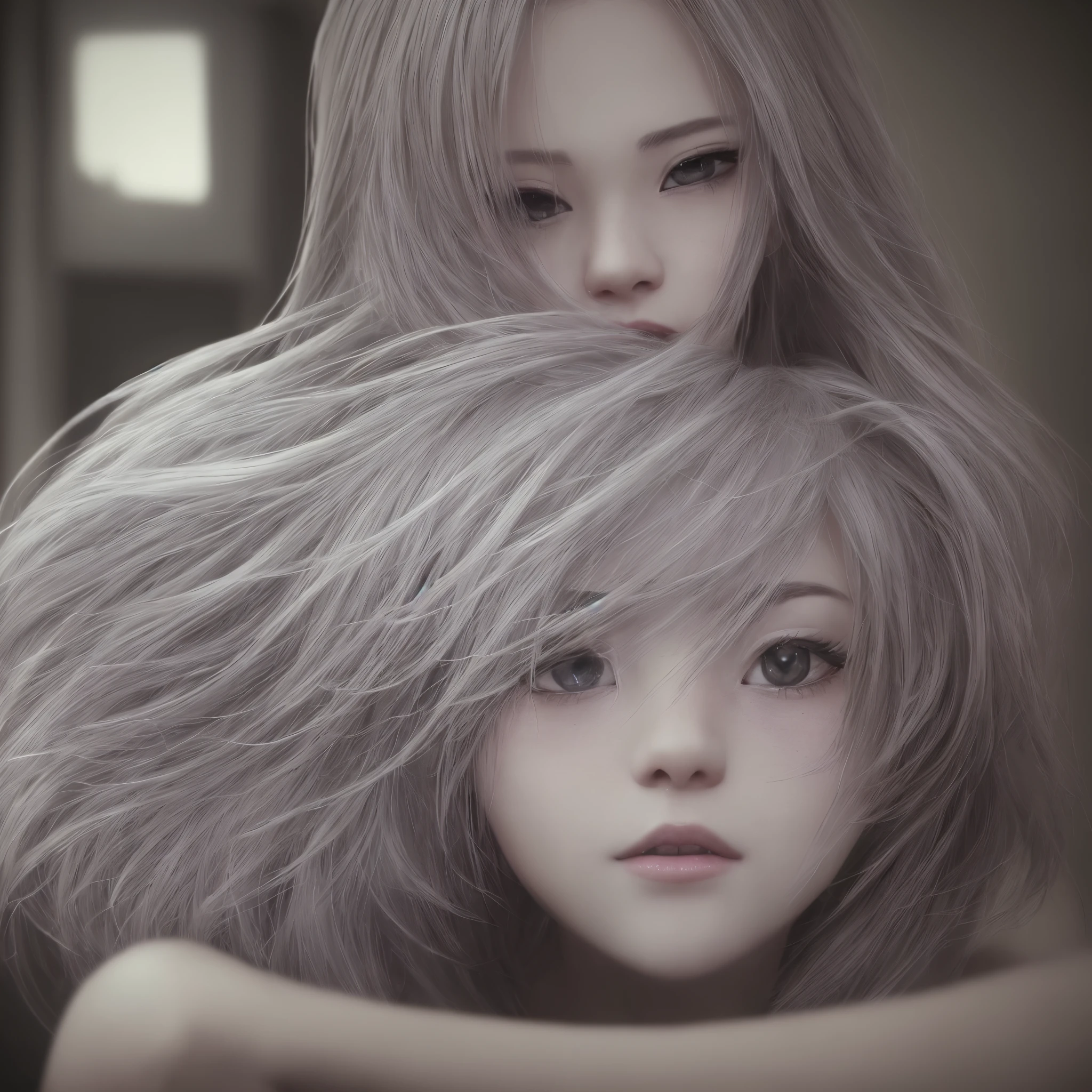 время night, darkness, Dark, night, black, 2 girl, schoolgirl, dress , black skirt, black stockings, long hair, fluffy white hair, Hair braid, long braid, sitting near a tree, In the woods, look left, показывать tits, bare chest, tits, spread your legs, The face is beautiful, face detailed, emotion of embarrassment, Confused face, scared face,