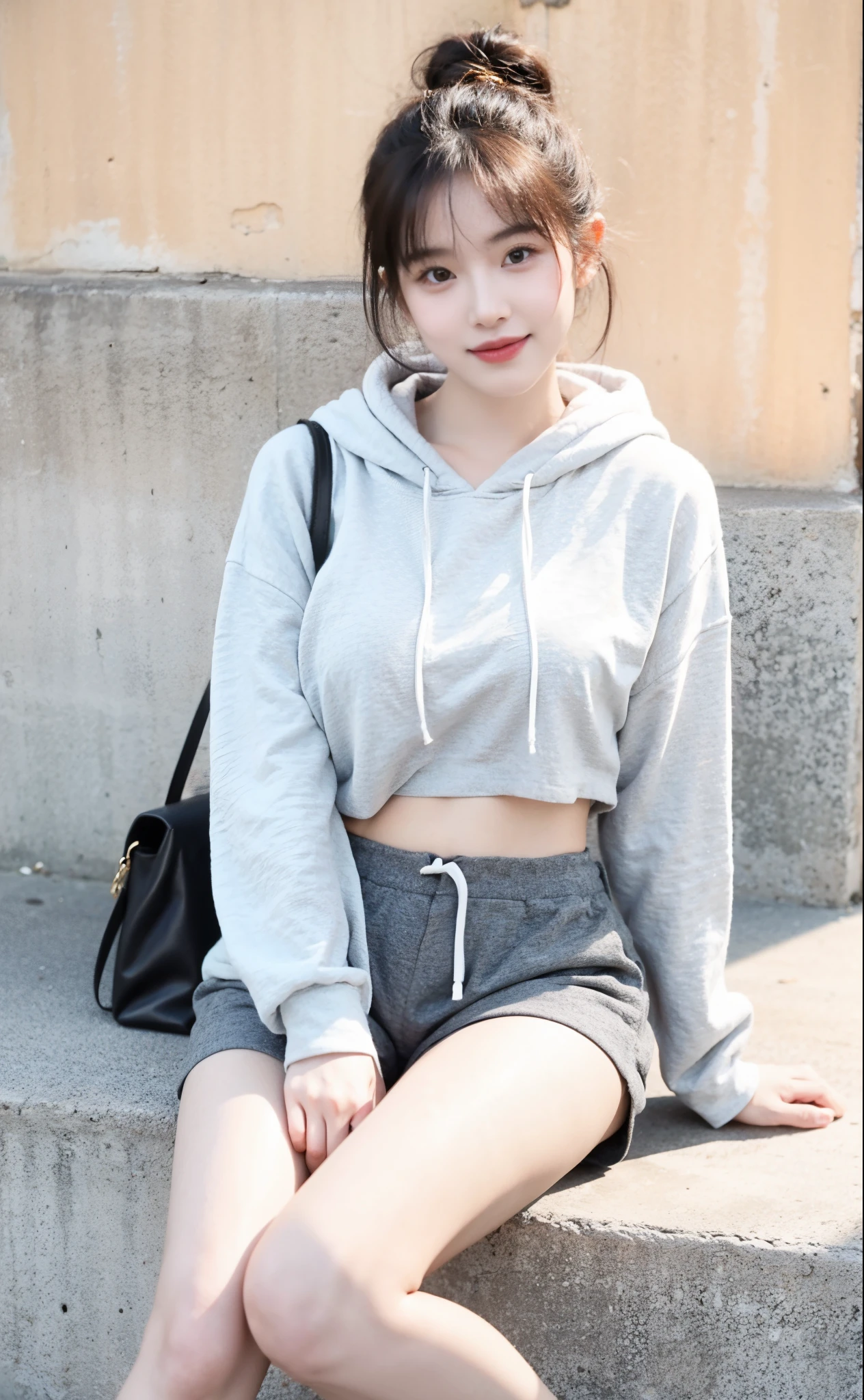 Gray skinny hoodie, Hoodie girl, （tight top：1.5），close your mouth and smile，legs long，Ultra shorts，White skin of the，high high quality，4K, Face-to-face audience, 1 plump girl，hair tying up，at the street side，（Bring your legs together：1.5），Ladylike demeanor，with a round face，Slim，Large breasts
