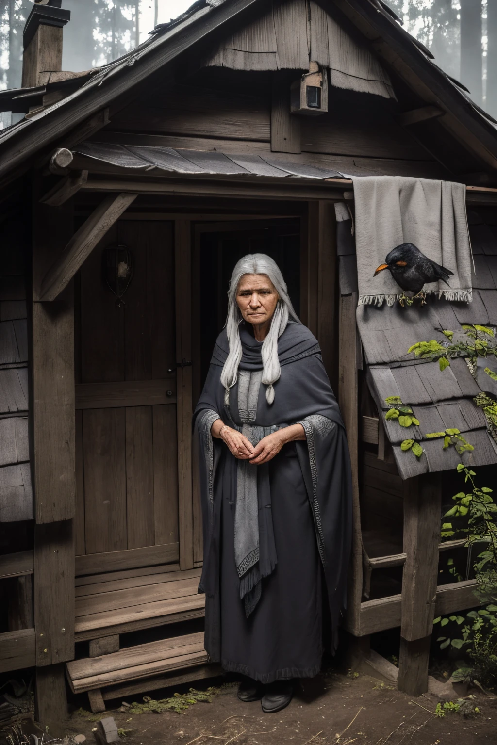 (Best Quality),Portrait, An old woman, Slavic, (witch with gray hair), shawl on shoulders, I&#39;I&#39;I&#39;m standing at the open door of the house, black crows sit on the roof and around the hut, compact, creepy ambiance, soft-lighting, spruce forest around the house and next to the house, several crows