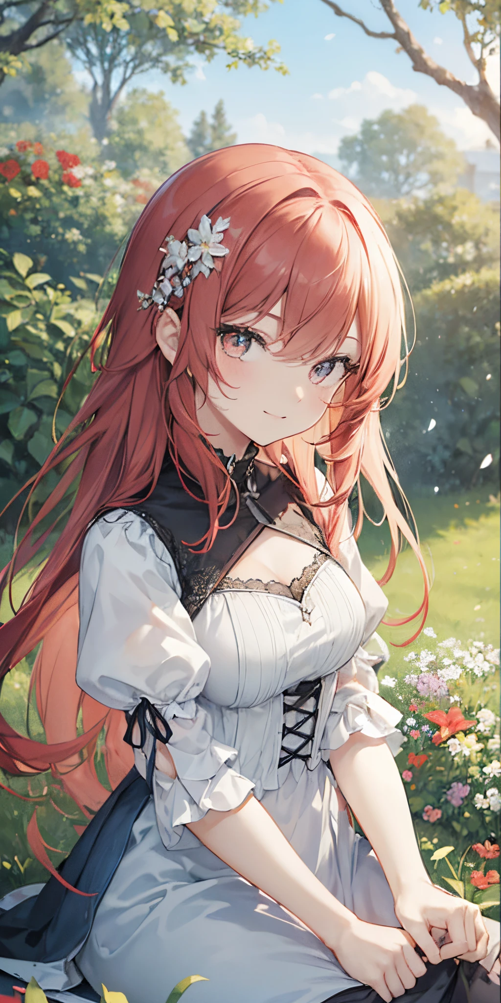 Anime girl sitting in a garden with flowers and trees - SeaArt AI
