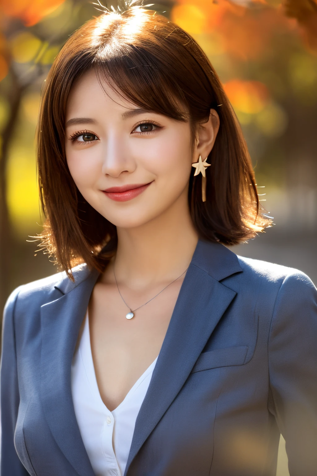 ((masterpiece)), ((best quality)), (ultra-detailed), ((kawaii)), cute, (lovely), ((extremely detailed)), 4K, (8K), best quality, (beautiful), illustration, (Cowboy Shot:1.2), office, evening, autumn, a pretty woman, Japanese, solo, (office suits:1.3), beautiful red hair, beautiful brown eyes, ((beautiful eyes)), (light brown-skinned:1.2), (short hair:1.2), hair ornaments, earrings, light smile, sagging breasts, lens flare, shiny