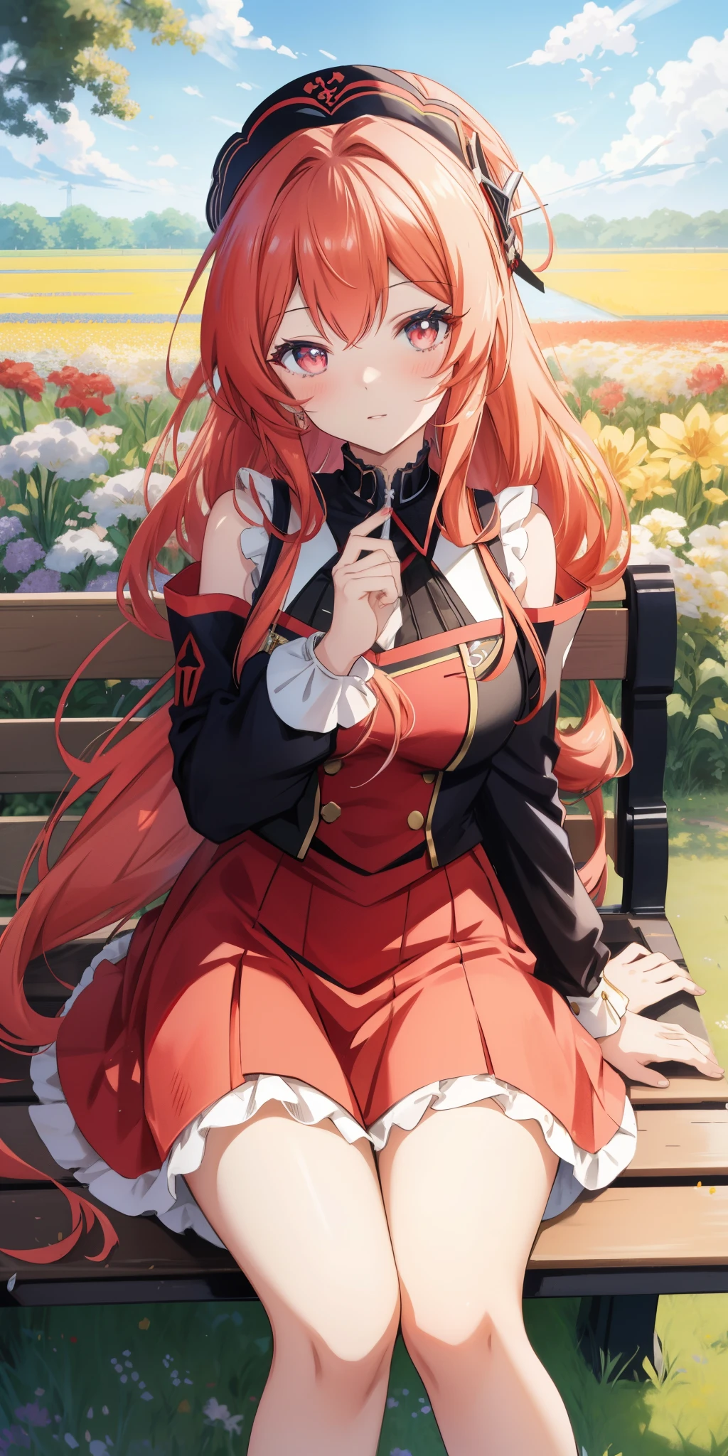 Anime girl sits on a bench in a flower field, Rias Gremory, Marin Kitagawa Fanart, Anime girl with long hair, gemalt im Anime Painter Studio, von Girls Frontline, seductive anime girl, Detaillierte digitale Anime-Kunst, beautiful anime girl, Erstellt mit Anime Painter Studio, Ilya Kuvshinov mit langen Haaren, mit roten Haaren, Anime Moe Kunststil