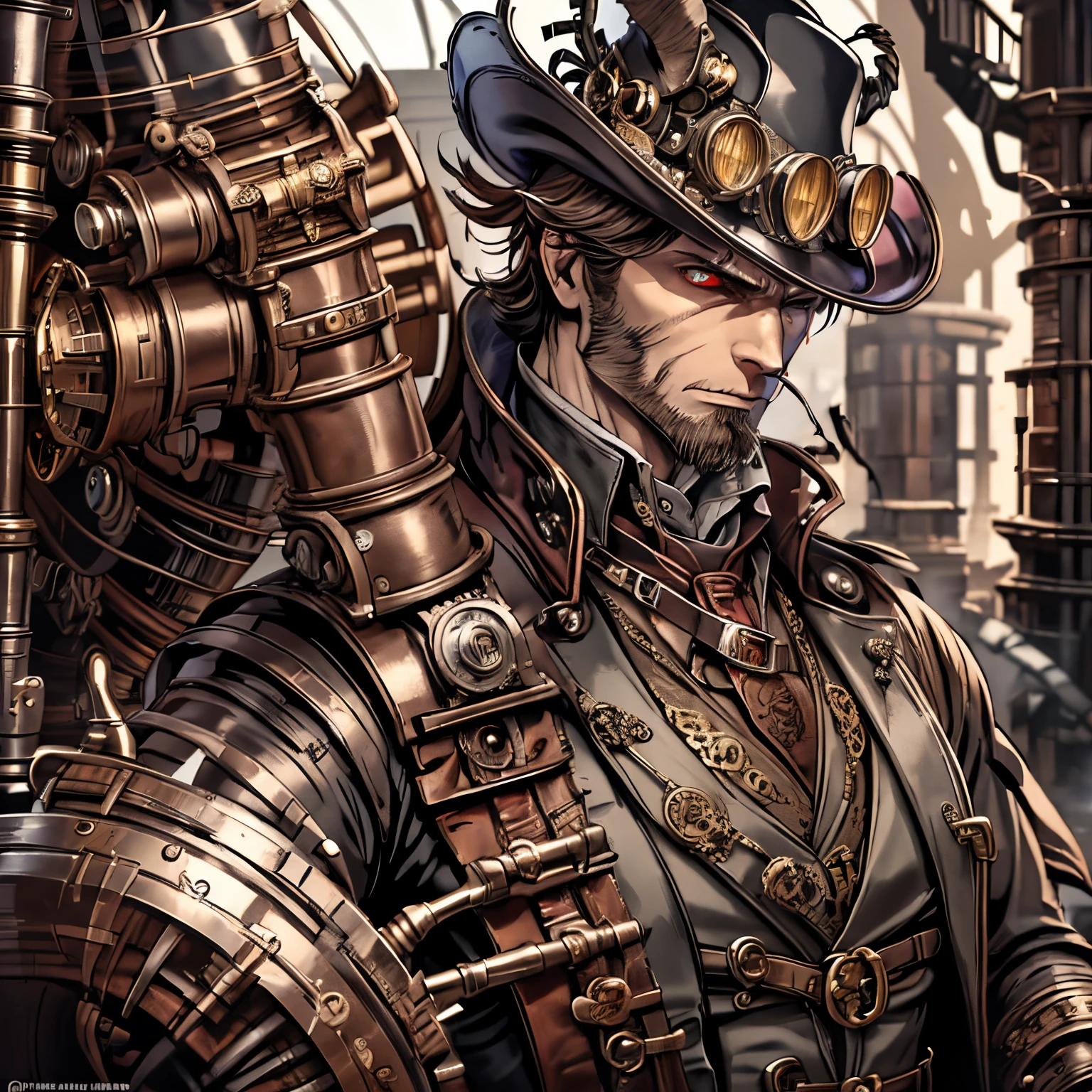 Large strong man, powerful, vampire, glowing red eyes, long flowing white hair, covered in scars, steampunk gear, steampunk scientist goggles, steampunk watch on wrist, standing in a factory, detailed face, high quality, thin armor and vest, a lot of fabric, fancy, skilled, pale white skin, red eyes, less technology, not bulky, slim, BloodBorne, Hunter, BloodBorne Hunter, Gothic, detailed body and face, handsome, pinnacle of intelligence