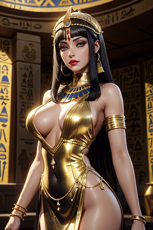 There is an adult European woman in desert oasis, Egyptian Godess, Cleopatra, Pharao dress, golden Jewellery, Hieroglyph Tatoos, Dark hair, red lips, Eye shadow, natural makeup, long curved hait, beautiful chest, Second Life Avatar, Beautiful screenshot, Second Life, attractive woman, high quality, highly detailed skin, dynamic pose