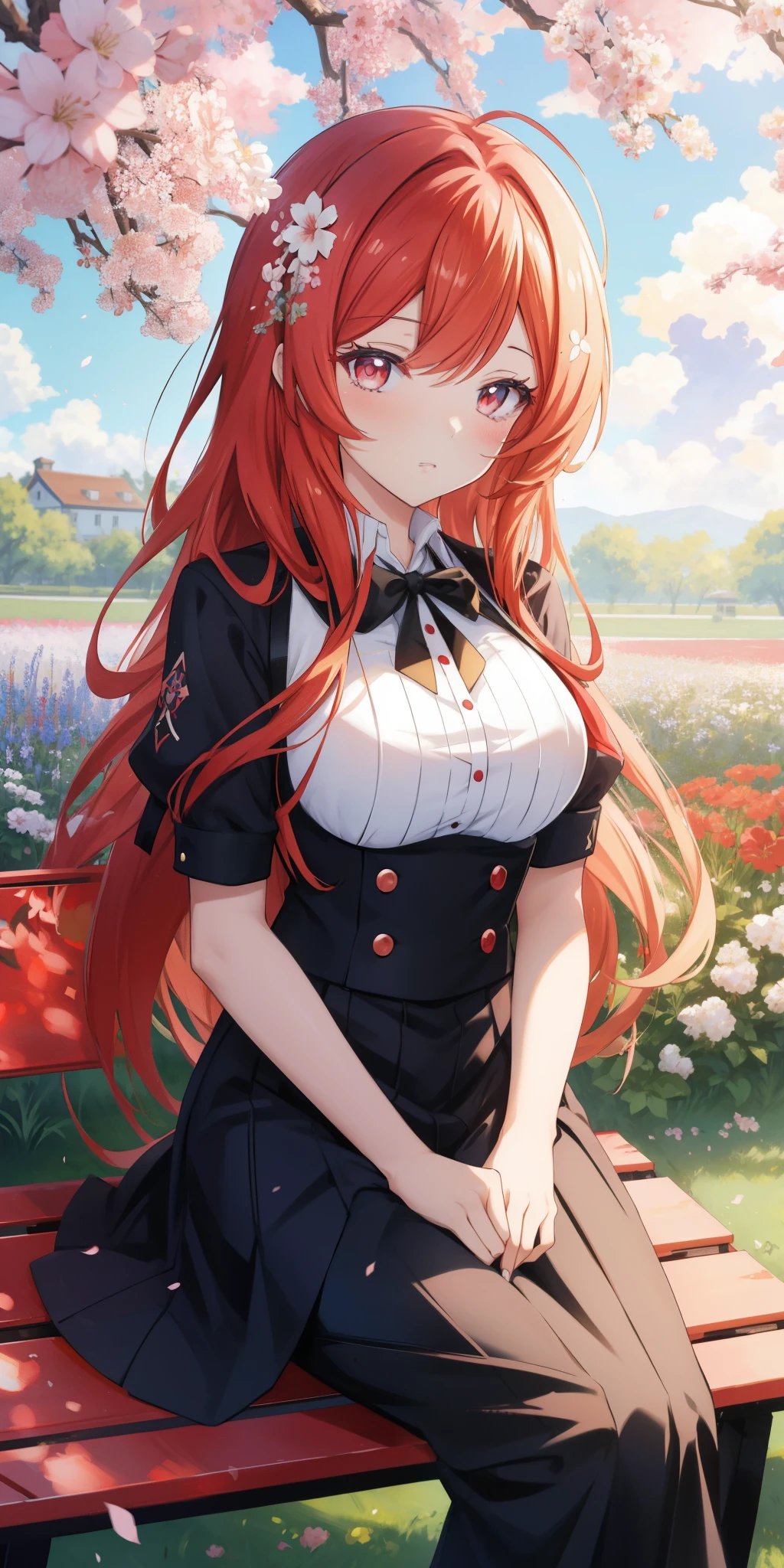 Anime girl sits on a bench in a flower field, Rias Gremory, Marin Kitagawa Fanart, Anime girl with long hair, gemalt im Anime Painter Studio, von Girls Frontline, seductive anime girl, Detaillierte digitale Anime-Kunst, beautiful anime girl, Erstellt mit Anime Painter Studio, Ilya Kuvshinov mit langen Haaren, mit roten Haaren, Anime Moe Kunststil