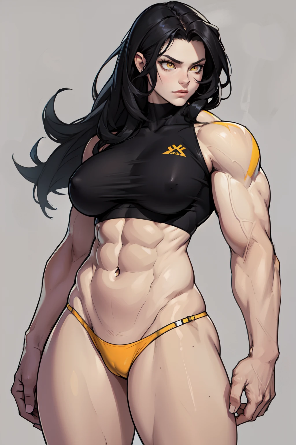 girl (1girl muscular pale skin grey background) toned body bodybuilder huge breasts thin waist black hair yellow eyes straight hair