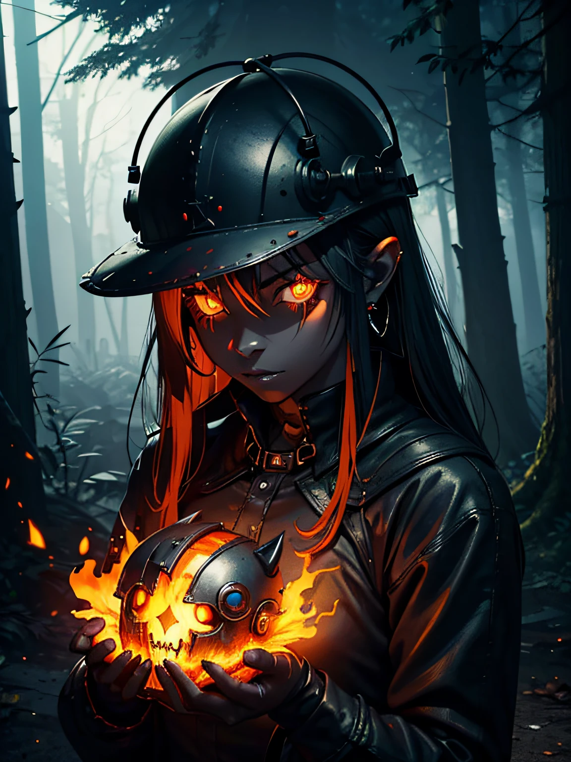 hopeless art, demon girl, ((black ash skin)), closed gothic helmet, hands together, orange glowing eyes, bowler hat, dark green blue glowing earrings, iron post apocalyptic mechanized forest, (S.T.A.L.K.E.R. style)