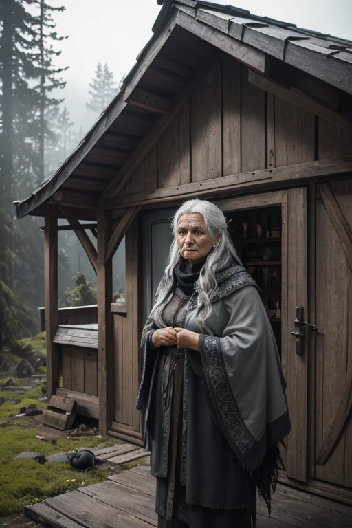 (Best Quality),Portrait, An old woman, Slavic, (witch with gray hair), shawl on shoulders, I'I'I'm standing at the open door of the house, black crows sit on the roof and around the hut, compact, creepy ambiance, soft-lighting, spruce forest around the house and next to the house, several ravens