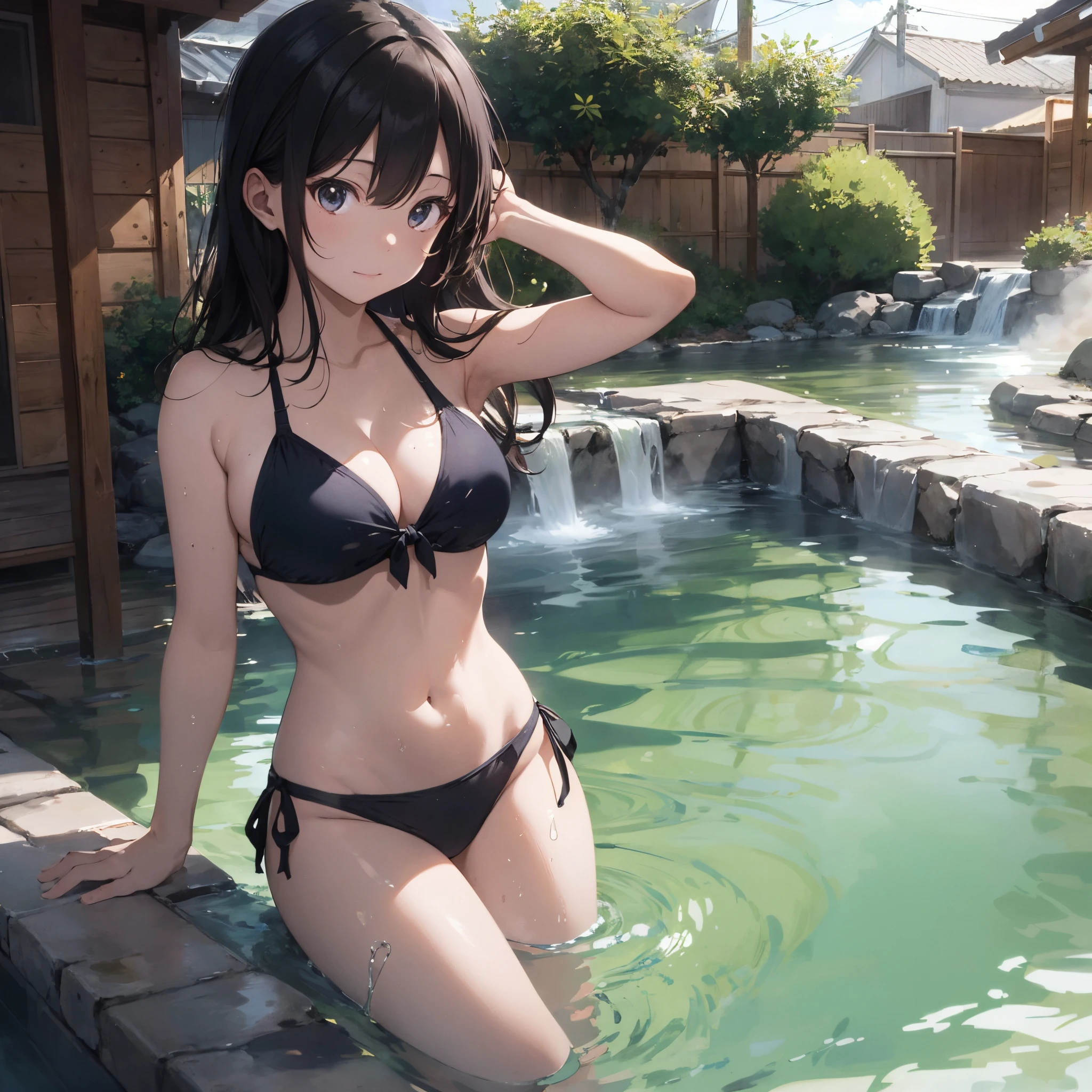 Realistic background blur that looks like it was taken with a high-performance camera.、Please provide high quality illustrations...。A beautiful girl soaking in a hot spring with a relaxed expression.、The steam rising from the bathtub is beautifully depicted....。Attention to detail in hair and skin、Enjoy the natural texture。To convey the atmosphere of a hot spring area、Please draw the surrounding scenery and hot spring facilities....。Highlight that beautiful girls are wearing bikinis、Please draw an illustration that takes advantage of her charm....。"