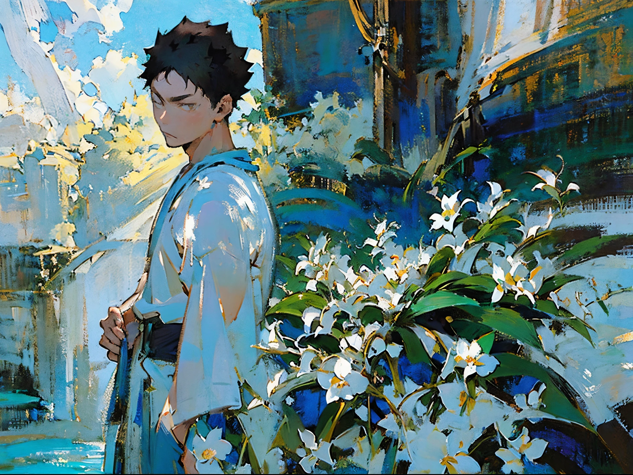 (((solo focus))),(((1 boy))),male focus,(((iwaizumi))),Fechin, oil painting, IMPRESSIONISM,(((sunlight))),black hair,((black eyes)),((short hair))plants,(((white flowers))),rustic scenery,cottages,lily of the valley,(blue sky),(((plain white tshirt))),khaki shorts,vibrant colors,((cool toned blue focus)),((((Looking at viewer)))),perfect face,(((handsome))),spiky hair