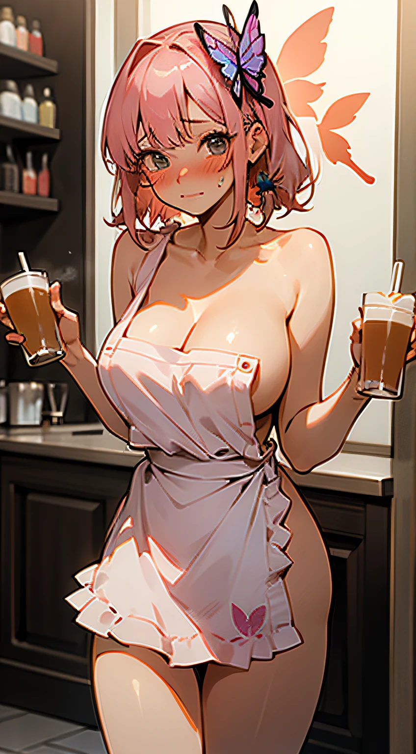 1girl, solo, nakano nino, pink hair, butterfly hair ornament, (naked:1.3), (white apron), large breasts, cleavage, thighs, cafe background, (blushing:1.3)