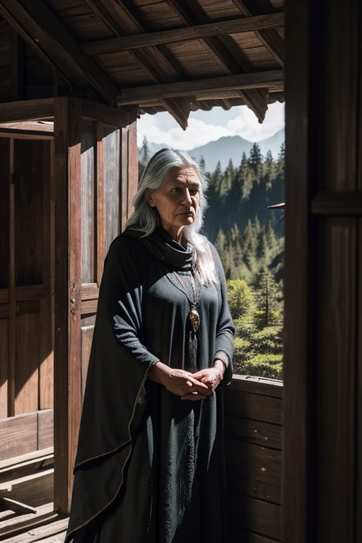 (Best Quality),Portrait, An old woman, Slavic, (witch with gray hair), shawl on shoulders, I'I'I'm standing at the open door of the house, black crows sit on the roof and around the hut, compact, creepy ambiance, soft-lighting, spruce forest around the house and next to the house, several ravens