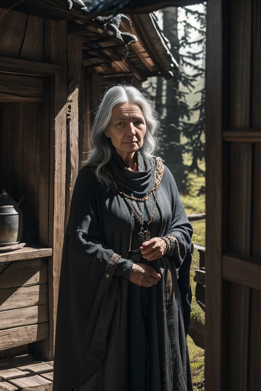 (Best Quality),Portrait, An old woman, Slavic, (witch with gray hair), shawl on shoulders, I'I'I'm standing at the open door of the house, black crows sit on the roof and around the hut, compact, creepy ambiance, soft-lighting, spruce forest around the house and next to the house, several ravens