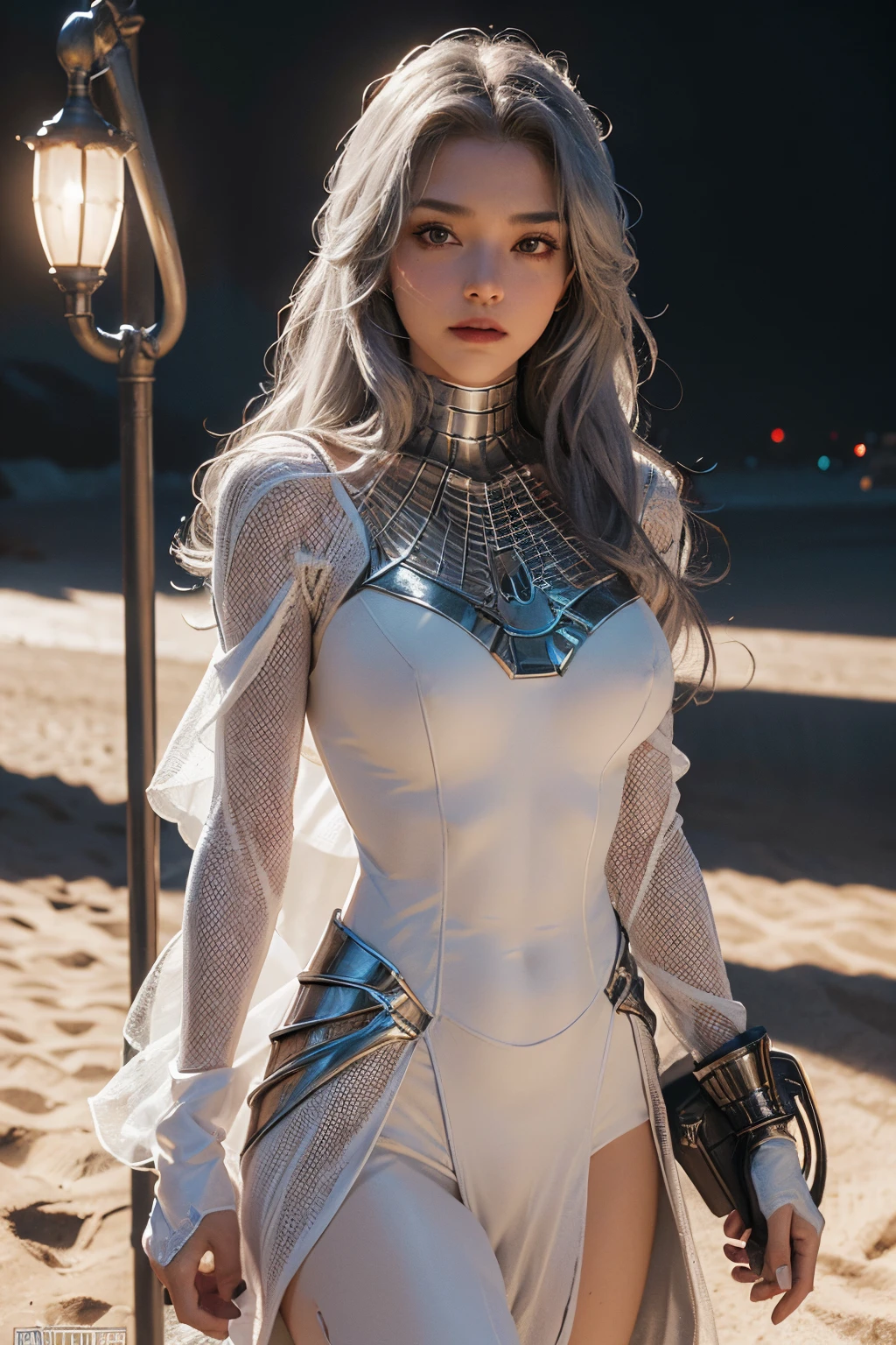 (Extreme Detail CG Unity 8K wallpaper, masterpiece, highest quality), (Exquisite lighting and shadow, highly dramatic picture, Cinematic lens effect), a girl in a white Spider-Man costume, microkini, silver gray hair color, from the Spider-Man parallel universe, Wenger, Marvel, Spider-Man, she walks in the sand, Giant Dinosaur is behind, dynamic pose), (excellent detail, excellent lighting, wide angle), (excellent rendego on desert, enough to stand out in its class), focus on white Spider-Man costumes, complex spider textures