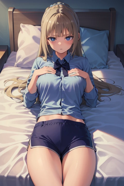 (Masterpiece, Photorealistic, high resolution), ((1girll):1.2), (Masterpiece, Photorealistic, high resolution), ((1girll):1.2), is a  girl (Loose white shirt, Blue fitness shorts), (Medium of breast):1.2, thighs), on top of the bed, lie on the bed, Leather shorts