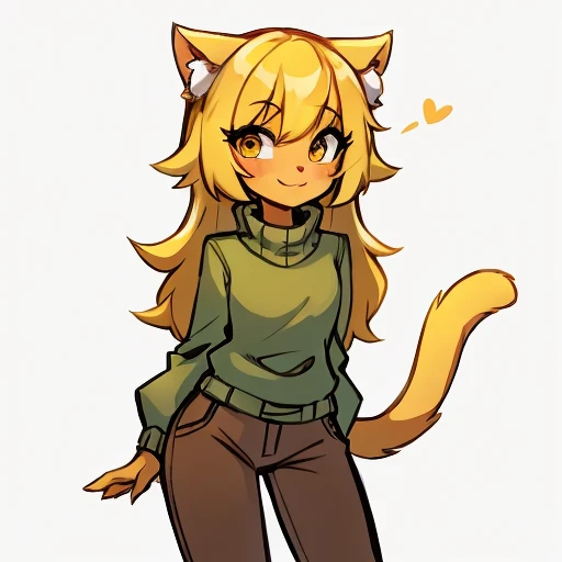 Yellow hair, Yellowish orange skin, green sweater, brown pants, female, cat