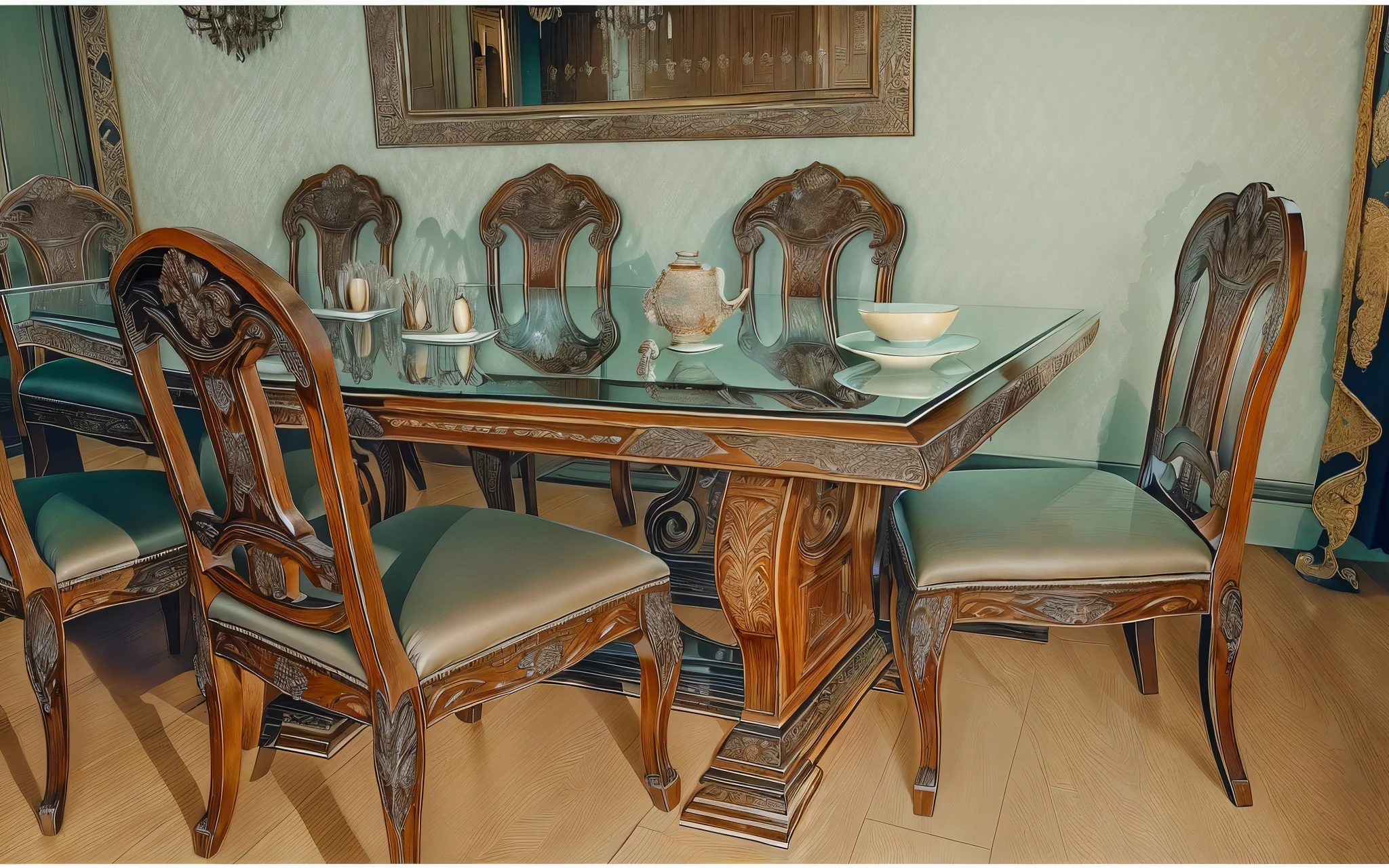 there is a table with a glass top and chairs in a room, dining table, dinner table, center focus on table, extremely detailed furnitures, finely detailed furniture, wooden furtniture, detailed wooden table, elegant furniture, king, wooden table, wooden furniture, teak table, old furnitures, wood carved chair, glass tableware, ornate furniture