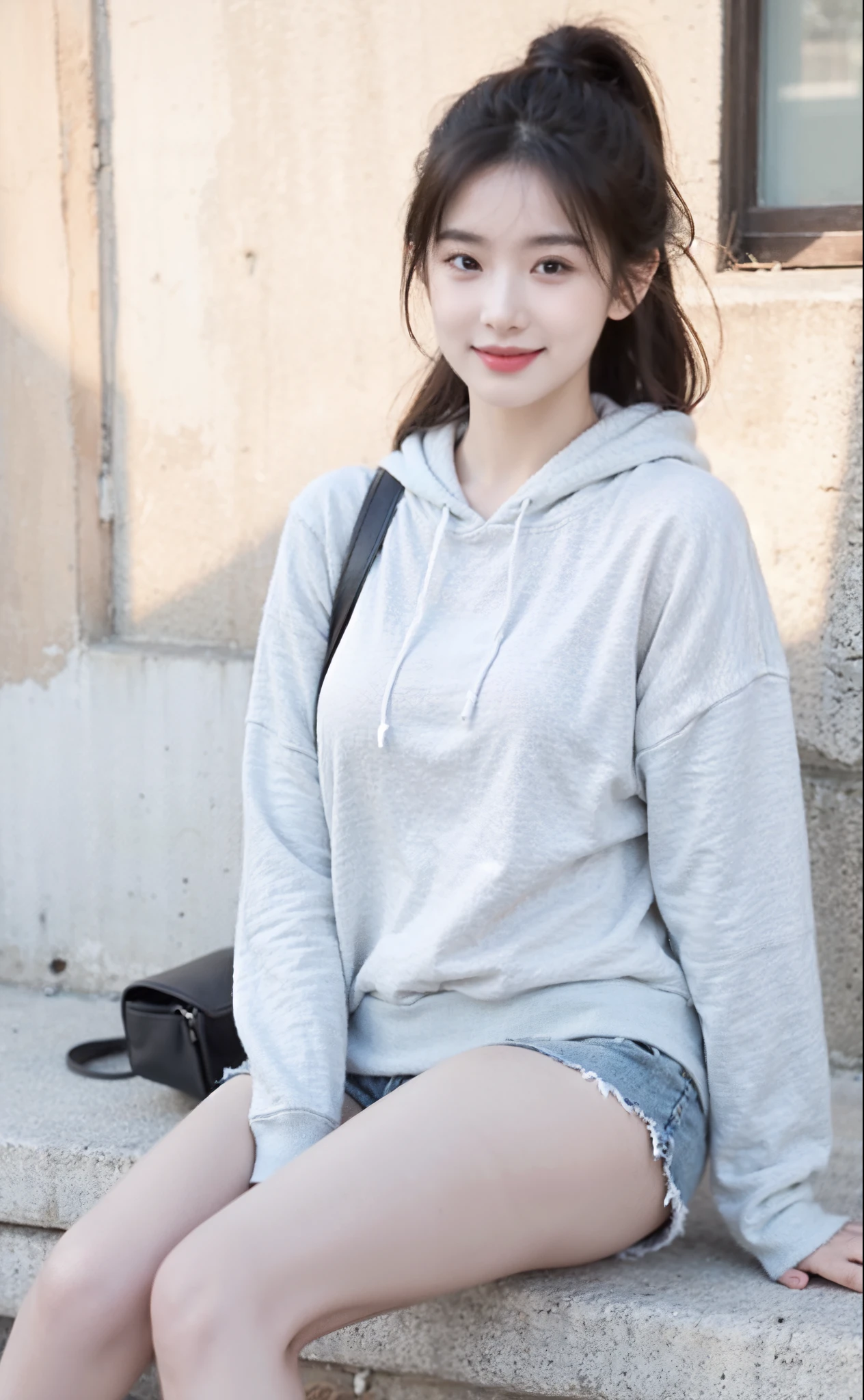 Gray skinny hoodie, Hoodie girl, （tight top：1.5），close your mouth and smile，legs long，Skinny super shorts，White skin of the，high high quality，4K, Face-to-face audience, 1 plump girl，hair tying up，at the street side，（Bring your legs together：1.5），with a round face，Large breasts
