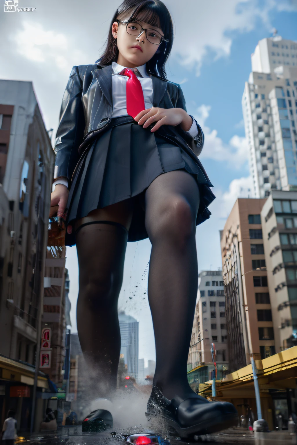 giantess art, a hyperrealistic schoolgirl, , highly detailed giantess shot, der riese, Shorthair, black pantyhose, A huge high school girl that is much bigger than a skyscraper。wearing rimless glasses。huge tit。Navy blue blazer、Red tie、Mini Length Skirt、black pantyhose、Pantyhose sole、pantyhose toes、I don't wear shoes.。very small metropolis。miniature metropolis。In a miniature metropolis that is only feet tall.、Squatting down and urinating。tsunami of urine。Small trains and cars are being washed away by urine.。Full body depiction。giantess, black pantyhose, pantyhose feet, pantyhose foot, ,stomping city,crash city,tiny city,micro city, peeing,