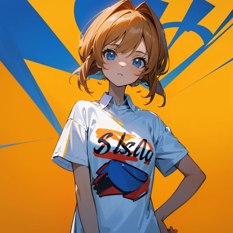 Arte superior, 4k, 8k, menina anime de costas para foto, de asas, com uma camisa, written on the back of the shirt (("BEATRIX" em sua camisa)), cabelo loiro e brilhante.