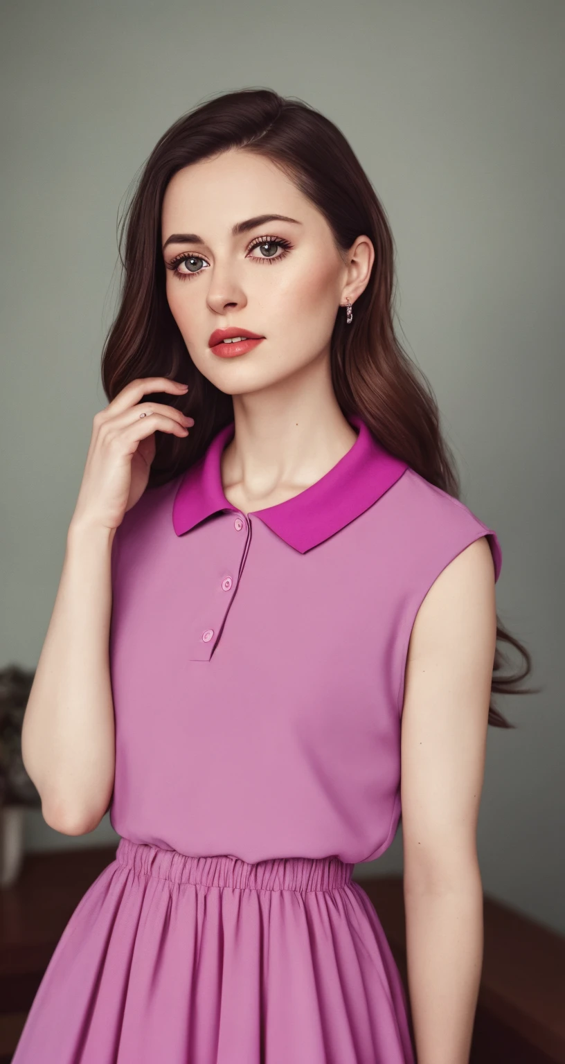 tiktok photo of 37 years old woman, closeup, RAW, masterpiece, realistic, hyper realistic, muted color, film grain,
looking at viewer, polo's pastel perfection looking 80s casual soft collars, fascinating,
wearing Magenta dress flower,