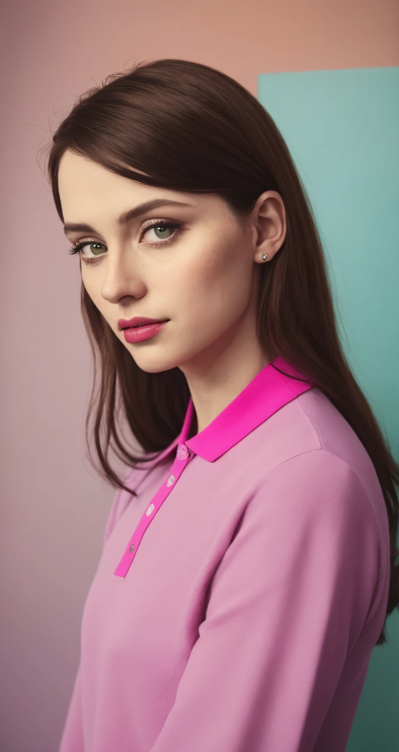 tiktok photo of 37 years old woman, closeup, RAW, masterpiece, realistic, hyper realistic, muted color, film grain, 
looking at viewer, polo's pastel perfection looking 80s casual soft collars, fascinating, 
wearing Magenta dress flower,