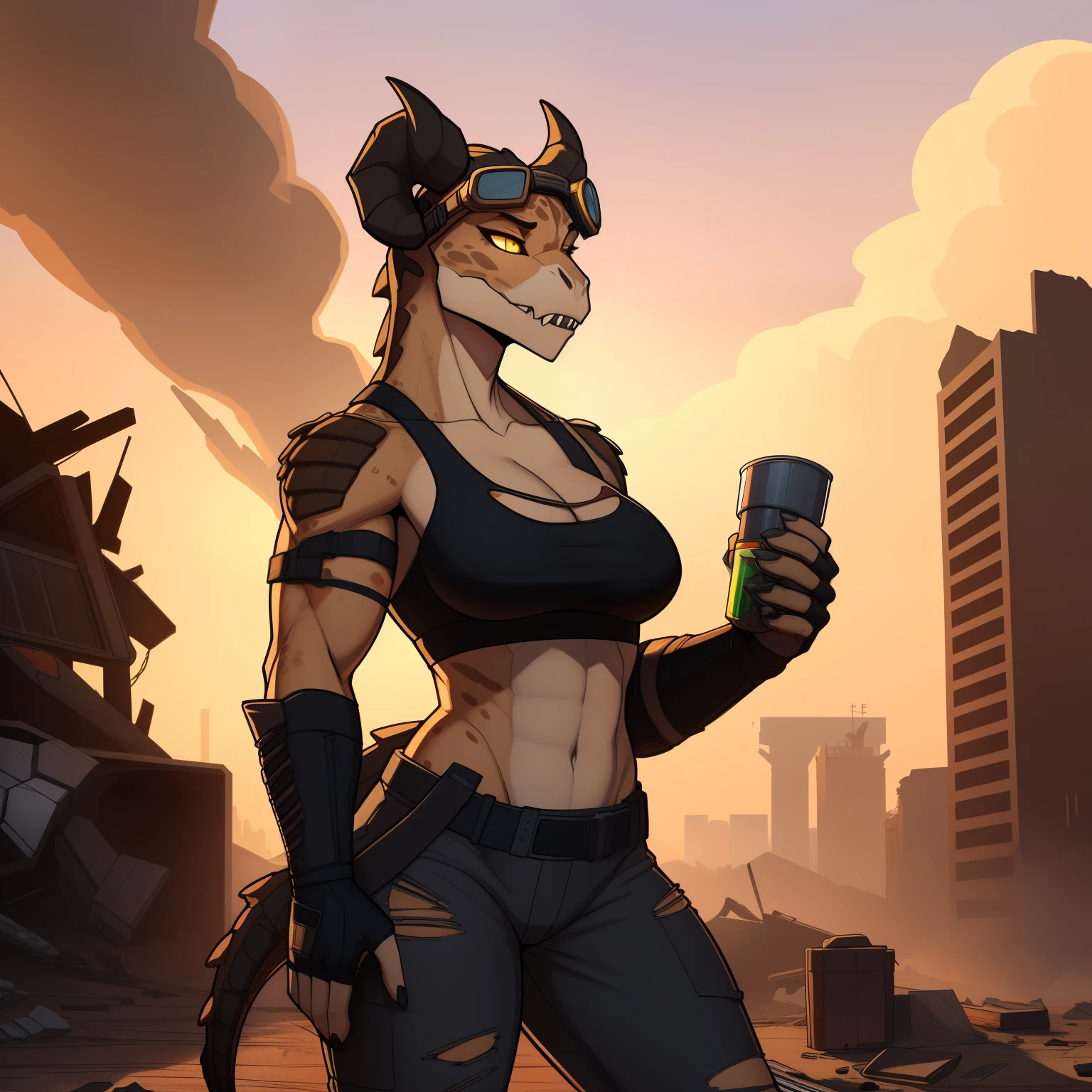 Tall_lanky_muscular_deathclaw female dark_beige_scaled_body spotted_scales yellow_eyes solo Masterpiece best_quality absurdres highly_detailed cleanly_drawn_eyes anthro_only by_claweddrip, by_greasymojo, by_underscore-b, by_runawaystride ripped_cargo_pants torn_leather_longcoat tactical_body_armor fingerless_gloves goggles sports_bra destroyed_building heavy_dust_storm hazy