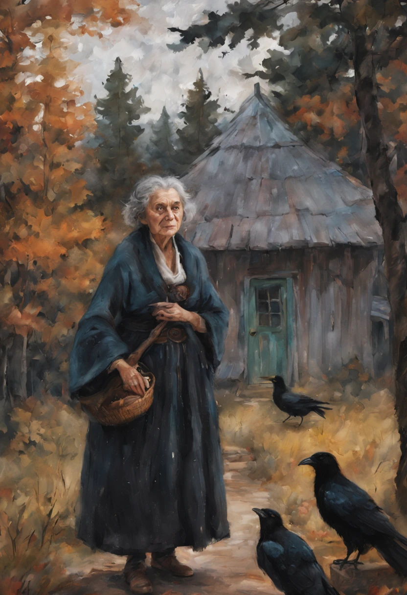 (Best Quality),Portrait, An old woman, Slavic, (witch with gray hair), shawl on shoulders, I&#39;I&#39;I&#39;m standing at the open door of the house, black crows sit on the roof and around the hut, compact, creepy ambiance, soft-lighting, spruce forest around the house and next to the house, several ravens