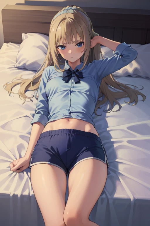 (Masterpiece, Photorealistic, high resolution), ((1girll):1.2), (Masterpiece, Photorealistic, high resolution), ((1girll):1.2), is a girl (Loose blue shirt, Blue fitness shorts), (Medium of breast):1.2, thighs), on top of the bed, lie on the bed, Leather shorts, Panty lines are visible, Pants are Wet