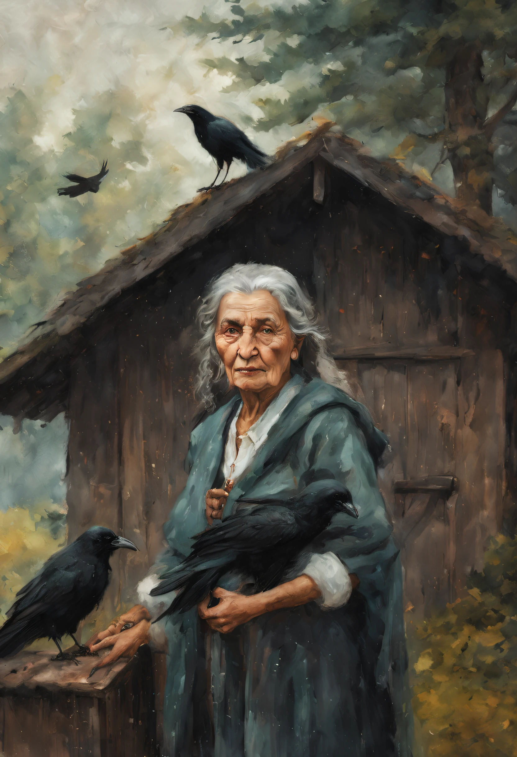 (Best Quality),Portrait, An old woman, Slavic, (witch with gray hair), shawl on shoulders, I&#39;I&#39;I&#39;m standing at the open door of the house, black crows sit on the roof and around the hut, compact, creepy ambiance, soft-lighting, spruce forest around the house and next to the house, several ravens