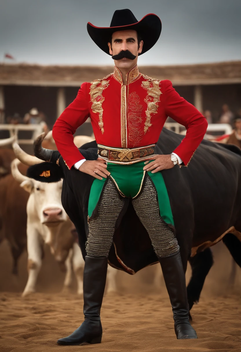 An image of Borat dressed as a bullfighter, bravely facing off against a fierce bull in the arena,original,His appearance is marked by a distinctive mustache, a suit of gray or brown, and often a bright green thong swimsuit. He exhibits a strong Kazakhstani accent, and his humor derives from his outrageous statements and actions, which often satirize society’s stereotypes and cultural norms. Despite his outlandish persona, the character is meant to challenge viewers by exposing prejudices and hypocrisies in a comedic way.