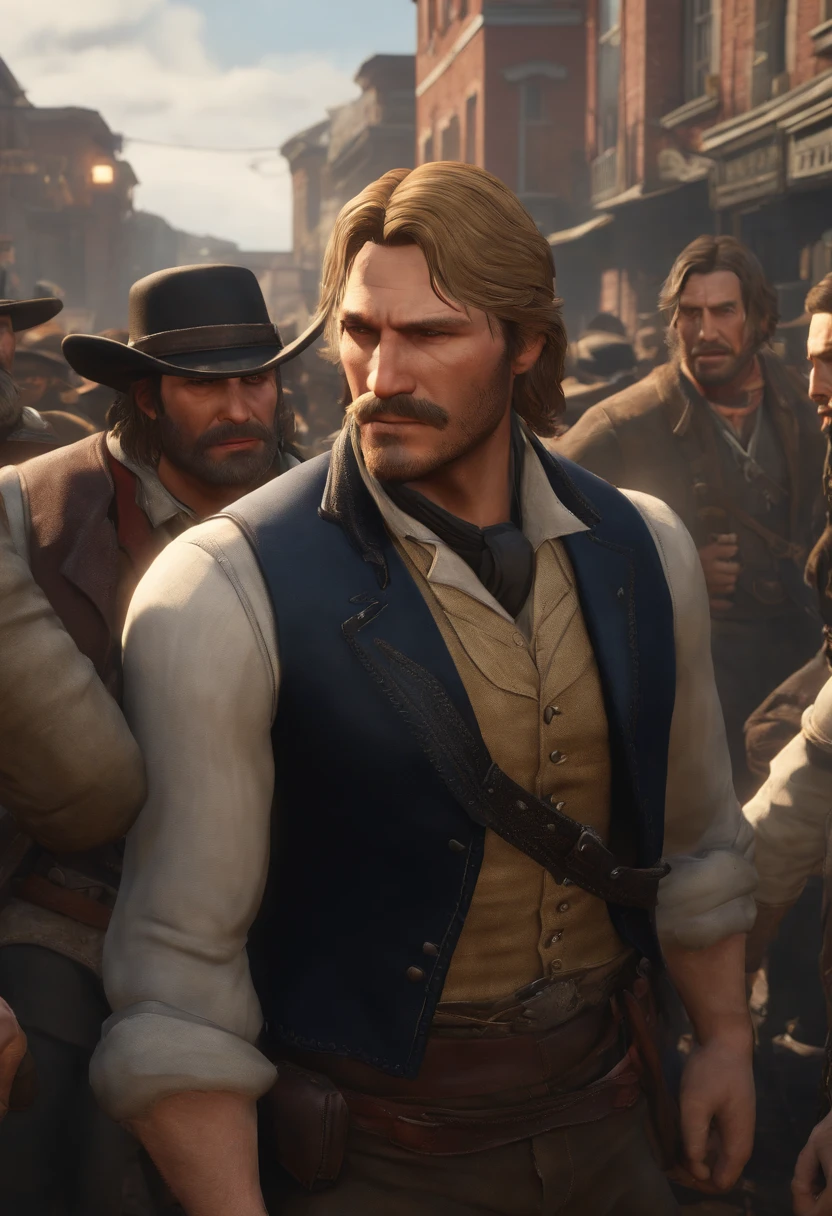 A photo of a crowded street, with people yelling and fighting. Trash cans are knocked over and there are broken bottles on the ground.,Red Dead Redemption 2,Micah has shoulder-length blond hair, along with a thick horseshoe mustache and side-whiskers. Micah is slightly portly and often wears an undone black leather coat, a red or black shirt accompanied by a red vest, a blue neckerchief, beige trousers, and a white hat.
