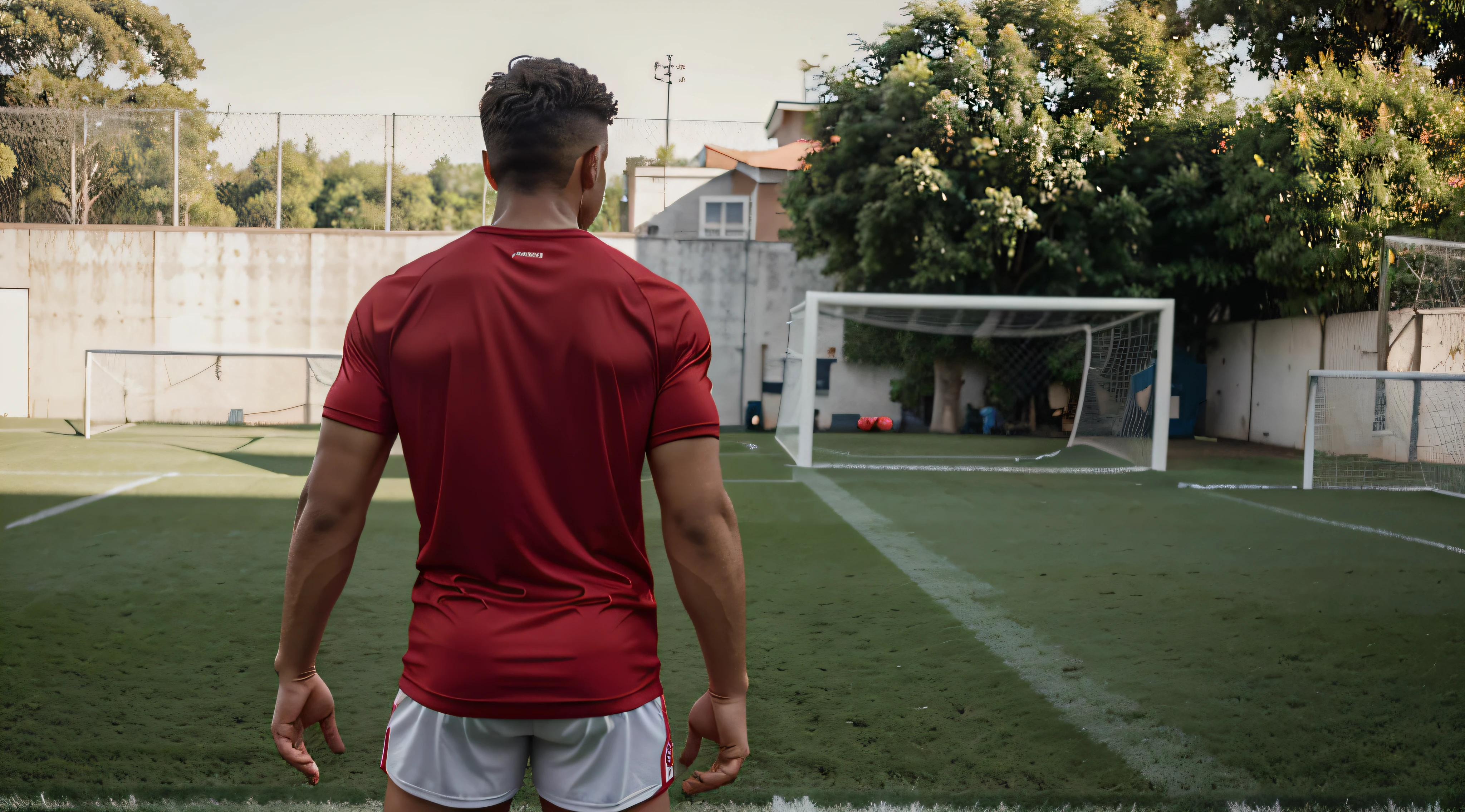 jogador de futebol, standing and back with red team shirt, com o numero da camisa 5, shorts branco, holding a soccer ball in his hand