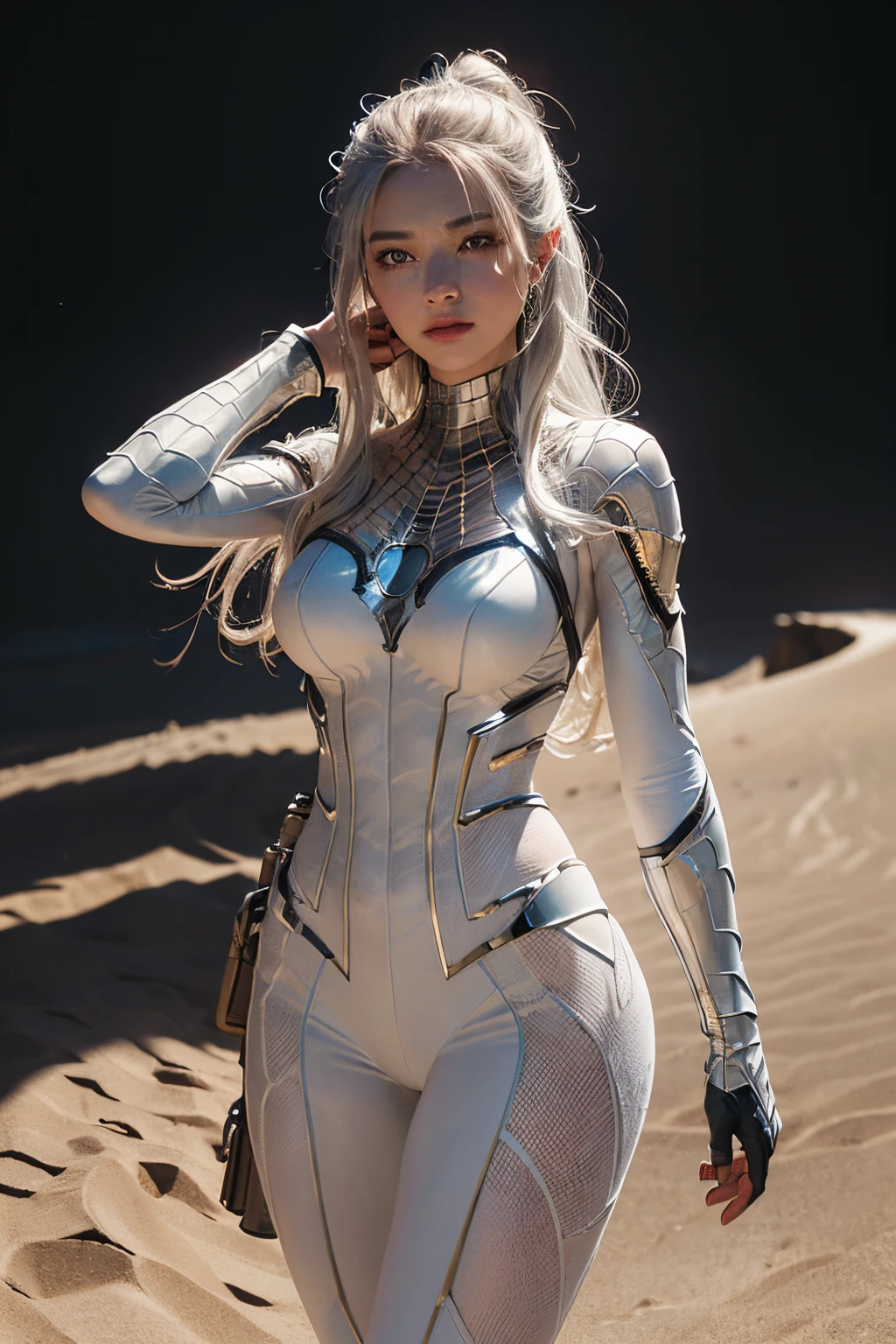 (Extreme Detail CG Unity 8K wallpaper, masterpiece, highest quality), (Exquisite lighting and shadow, highly dramatic picture, Cinematic lens effect), a girl in a white Spider-Man costume, silver gray hair color, from the Spider-Man parallel universe, Wenger, Marvel, Spider-Man, she walks in the sand, hand take ancient lamp, Grant T-Rex background, dynamic pose), (excellent detail, excellent lighting, wide angle), (excellent rendego on desert, enough to stand out in its class), focus on white Spider-Man costumes, complex spider textures