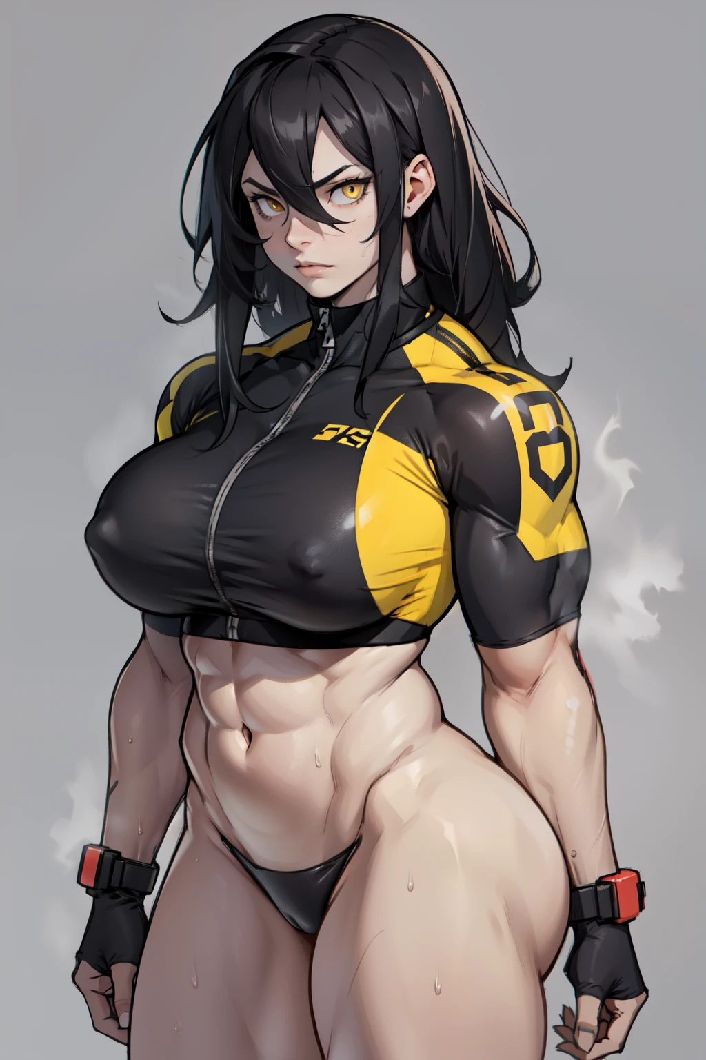 girl (1girl muscular grey background pale skin) toned body bodybuilder huge breasts thin waist black hair yellow eyes straight hair sweaty hair between eyes