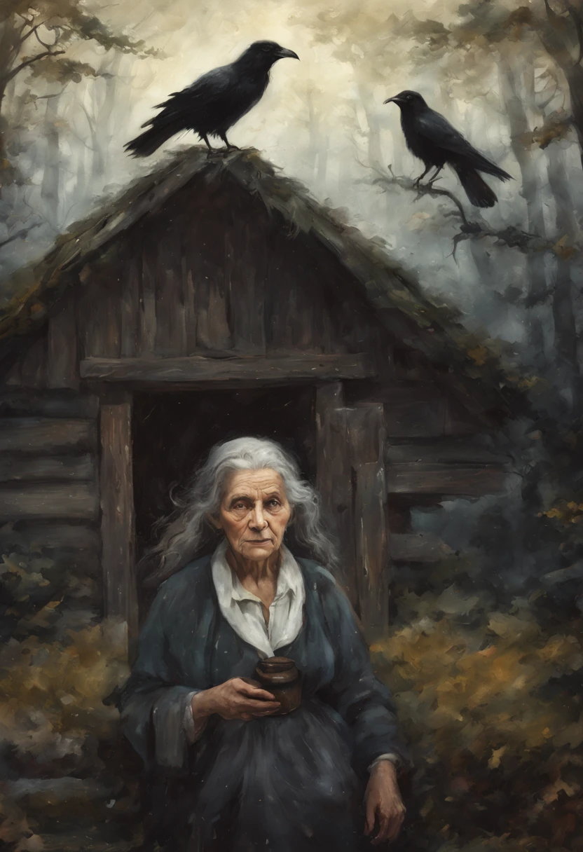 (Best Quality),Portrait, An old woman, Slavic, (witch with gray hair), shawl on shoulders, I&#39;I&#39;I&#39;m standing at the open door of the house, black crows sit on the roof and around the hut, compact, creepy ambiance, soft-lighting, spruce forest around the house and next to the house, several ravens