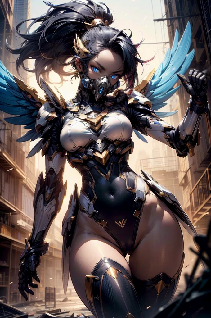 from below, mecha leotard, ((highleg leotard)), (navel expose), (mecha gas mask), large hair pin, textured skin, (tiny wings), starguardianakali, (multicolored legwear, elbow gloves, hair ornament, multicolored hair, black hair, gold hair, ponytail), (double floating assault drones at her back). in the ruins, dynamic composition, best quality, masterpiece, super detail, highres, cinematic lighting, dynamics, perspective