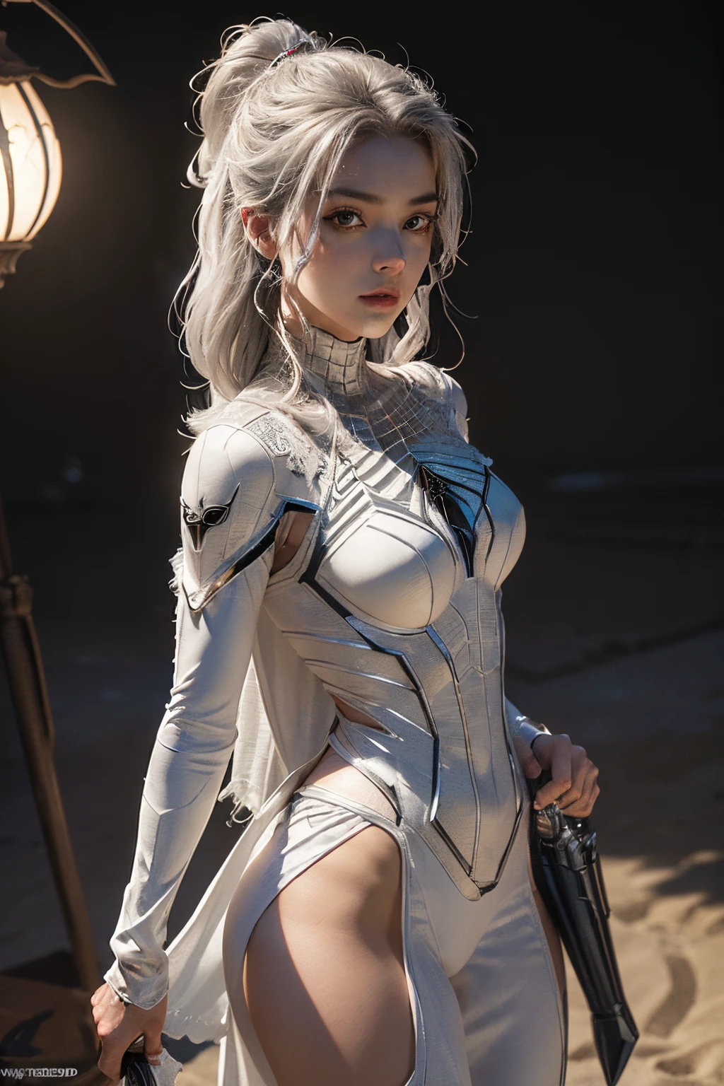 (Extreme Detail CG Unity 8K wallpaper, masterpiece, highest quality), (Exquisite lighting and shadow, highly dramatic picture, Cinematic lens effect), a girl in a white Spider-Man costume, silver gray hair color, from the Spider-Man parallel universe, Wenger, Marvel, Spider-Man, she walks in the sand, hand take ancient lamp, Grant T-Rex background, dynamic pose), (excellent detail, excellent lighting, wide angle), (excellent rendego on desert, enough to stand out in its class), focus on white Spider-Man costumes, complex spider textures