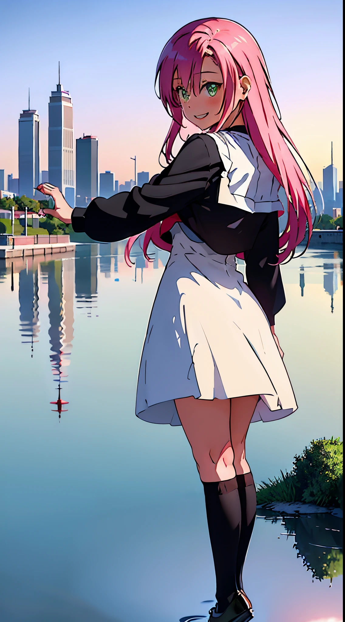 (top-quality、in 8K、32K、masterpiece、nffsw、ighly detailed:1.2)、Full body, (Vibrant city skyline reflected on the tranquil waterfront:1.4)、beautiful shadow、beauitful face、blurry backround、-yeld beiful girl、shinny skin, Beautiful pink hair、Green eyes、a sailor suit、pleatedskirt、Black socks、Black shoes、white panties、A smile、Raising arms、crouching down、white panties、thighs thighs thighs thighs、from the front side、