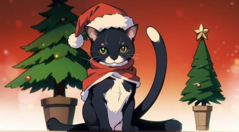 A ((tiny cat)) wearing a christmas hat, sitting next to a christmas tree. simple background.