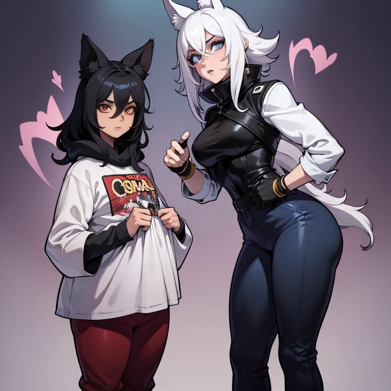 masculino, Anime Femboy, corto, tiene el pelo largo y blanco, tiene orejas de lobo, tiene cola de lobo, tiene ojos azules, usar pantalones cortos de mezclilla, medias de pesca hasta el muslo, Botas de combate negras, con sudadera con capucha negra recortada, pecho plano, Super Flat Chest, Femboy Only, solamente un femboy ((pecho plano)) (solamente)(solamente) solamente, solamente, caderas anchas, muslos de Thicc
