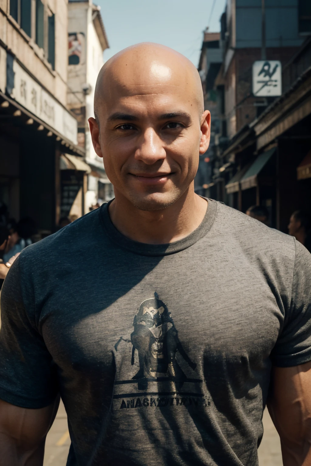 The man is bald , in a sweatshirt , (muscular: 1.5), big eyes, (Cheeky smile), Gangsta Street, cinematic angle, modelshoot style, (extremely detailed CG unit 8k wallpaper), photo of the most beautiful artwork in the world, majestic professional oil painting by Ed Blinky, Atey Ghailan, Studio Ghibli, por Jeremy Mann, Greg Manchess, Antonio Moro, trending in artstation, trend in CGSociety, Intricate, high detail, sharp-focus, dramatic, Photorealistic painting of Midjourney and Greg Rutkowski, A stunning masterpiece. Close-up of the face of a man with noble character traits. Smooth skin. Dressed in a T-shirt. Body showing defined muscles. This is a calm cheerful ninja warrior. A man with short hair is almost bald. Able to predict the movements and actions of the enemy and strike ahead of the curve.. This person feels confident in his strength and invincibility and at the same time is friendly..
ying